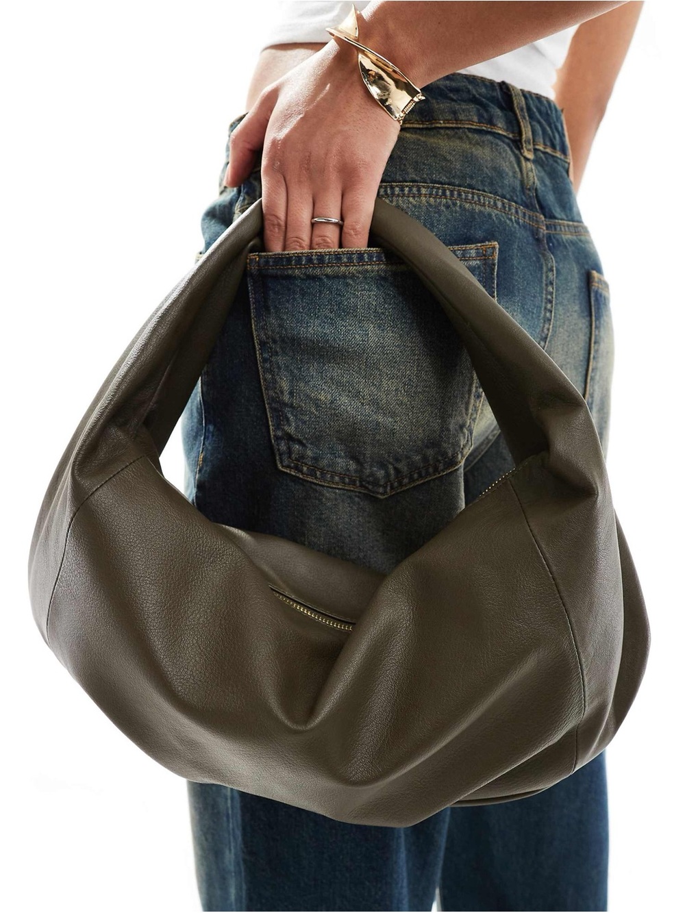 NEW ASOS Design Leather Slouchy Scoop Tote Bag Olive Khaki 100% Leather Hobo